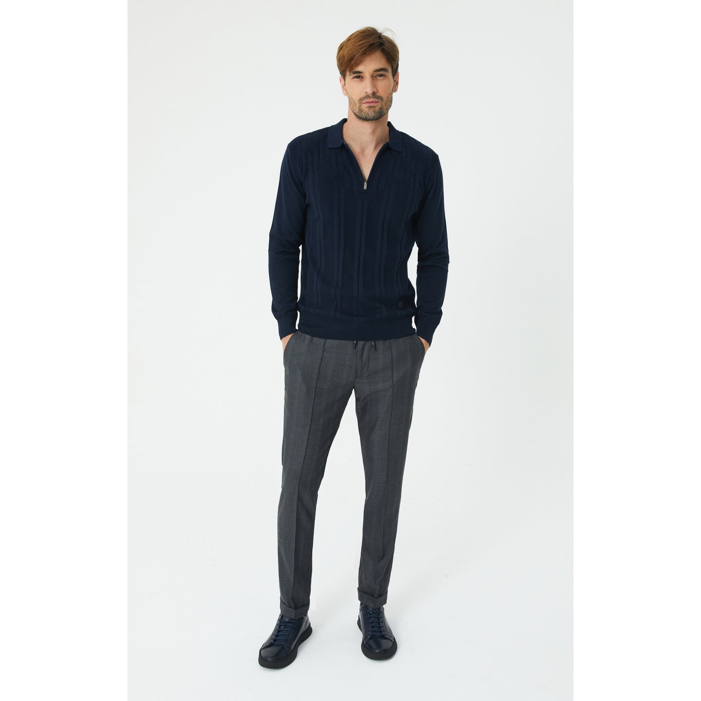 Navy Textured Half Zip Sweater